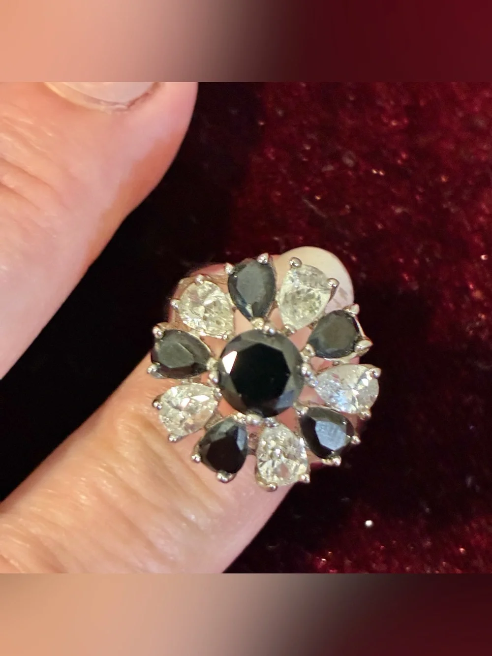Silver Tone Black & Clear Flower Cluster Cocktail Ring With Box Size 7 Costume
